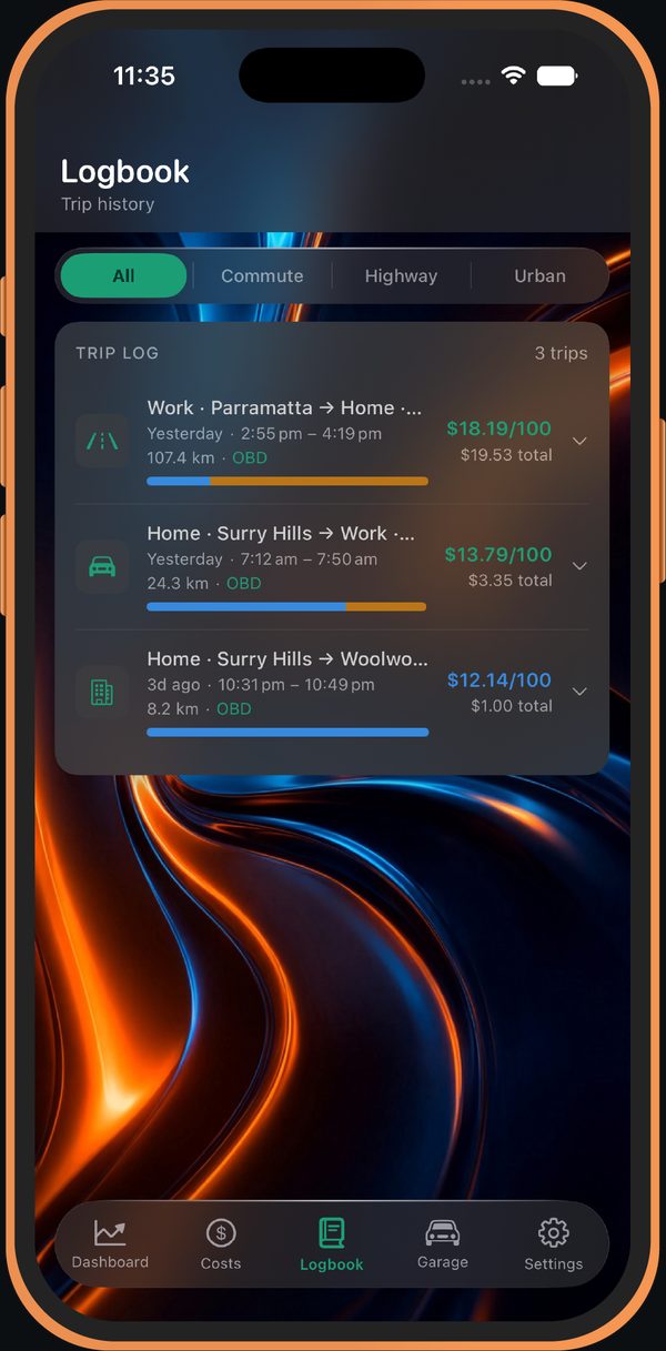 Logbook screen: trip history with per-trip energy split bars