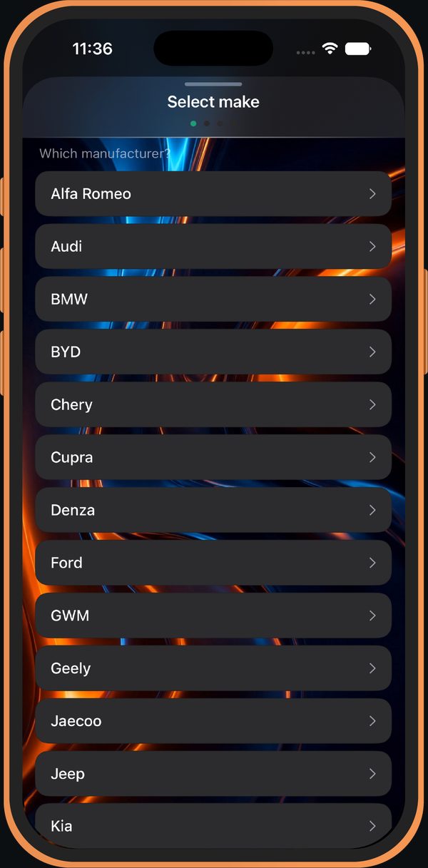 PHEV database screen: vehicle specifications for supported plug-in hybrids