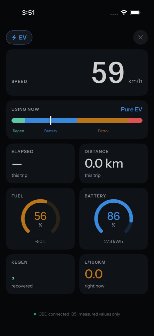 Live cockpit view with battery and fuel dials