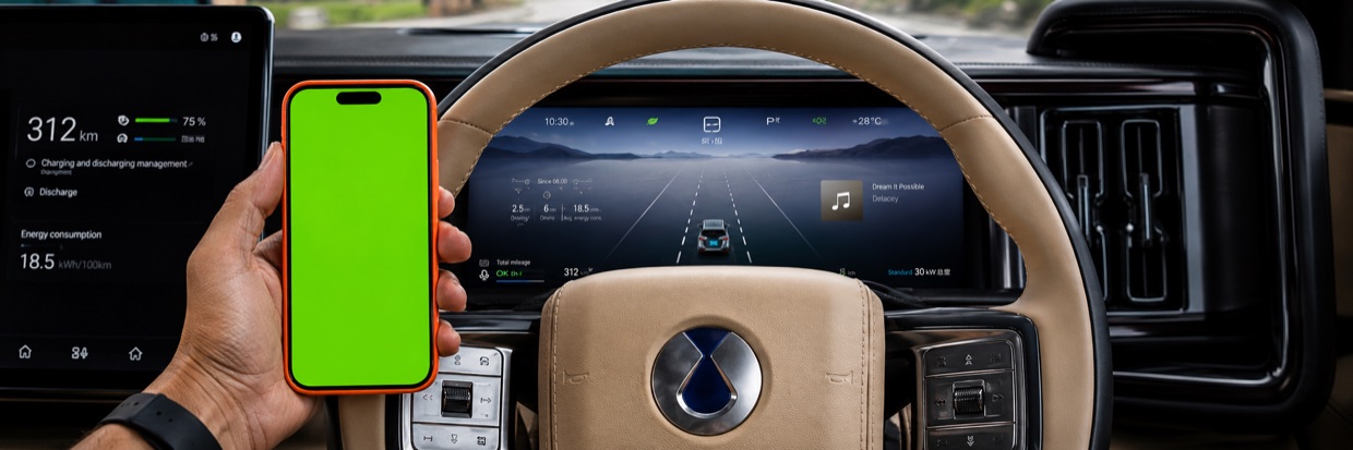 A phone running HybridEdge held in front of a Denza instrument cluster