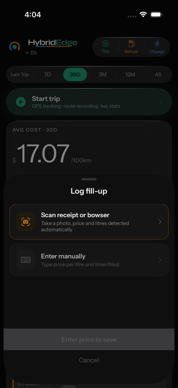 Refuel entry with receipt scanning